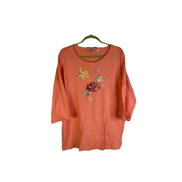 Quacker Factory Embellished Sequin Fish Long Sleeve Shirt Orange - Picture 1 of 5